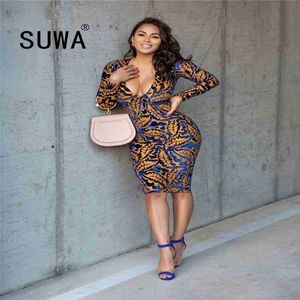 Wholesale Plus Size Clothing Tie Dye Women Deep V Neck High Waist Long Sleeve Trendy Chic Party Elegant Retro Dress Vestidos 210525