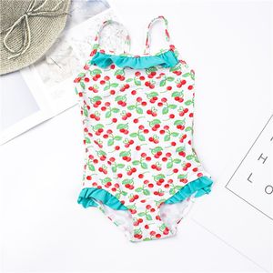 Cherry Print Girls Badkläder Swimwsuit Falbala Barn One Piece Baddräkt Sommar Kids Bodysuits Monokini Badräkt