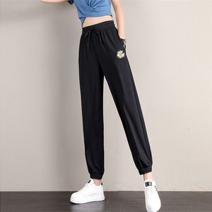 المرأة الناعمة الراحة الجليد الحرير السراويل السوداء المتناثرة الصيف الأزياء عالية الخصر sweatpants فضفاض عارضة المرأة السراويل الرياضية 211115