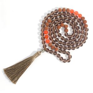 Rudraksha&Tea Crystal 108 Mala Beads Knotted Necklace Men And Women Charm Fashion Jewelry For Friendship Gifts Khaki Tassels Pendant Necklac