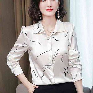 Damskie bluzki Drukowane z długim rękawem Przycisk koszuli Satin Silk Vintage Bluzka Kobieta Loose S 617H 210420