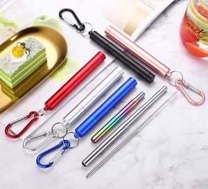 Colorful Portable Reusable Folding Drinking Straws Stainless Steel Metal Telescopic Foldable Straws with Aluminum Case Cleaning Brush