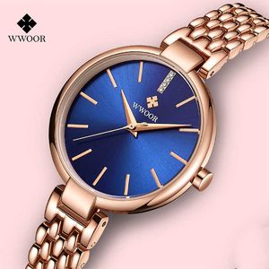 Wwoor 럭셔리 로즈 블루 숙녀 시계 탑 브랜드 패션 선물 팔찌 시계 여성을위한 우아한 쿼츠 손목 시계 Reloj Mujer 210527