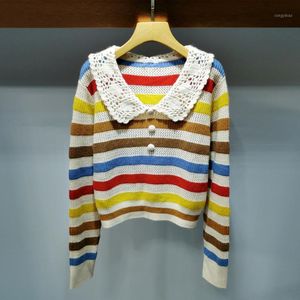 Wholesale baby striped t shirt for sale - Group buy Women s Sweaters Spring Korean Age Reduction Color Striped Baby Collar Hollow Out Long Sleeve T shirt Versatile Sweater Wear