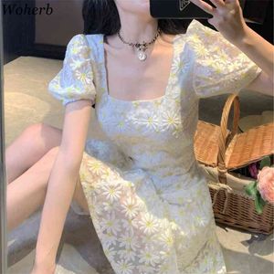 Ağır Nakış Elbise Kadınlar Tatlı Mizaç Robe Yaz Ince Mini Elbiseler Kare Yaka Korece 95385 210519