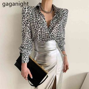 2 Piece Set Women Fashion Leopard Long Sleeve Shirt+High Waist PU Leather Midi Skirt Office Lady Spring Suits 210601