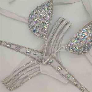 vacation V collar swimwear daimond bikini set push up swimsuit bling stones bathing suit 210722