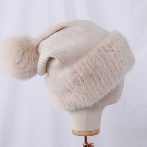 Top Quality Women's Winter Kniited Wool Belend Patchwork Real Mink Fur Hat Cap Natural Pom Poms Beanie Lady Fashion 211119