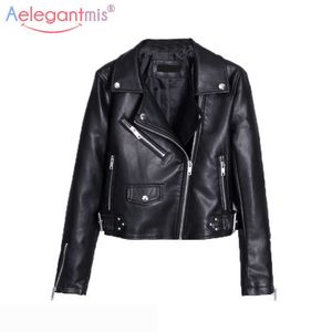 Aleegantmis outono inverno clássico preto pu jaqueta de couro mulheres curta faux s rua casual casaco casaco 210607