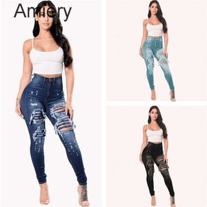 Kadın Kot Pantolon Moda Seksi Casual Delik Yıkama Ince Elastik Tayt Yumuşak Uzun Pantolon Denim Joggers Pantolon S-XXXL