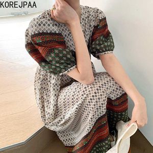 Korejpaa Women Dress Summer Korean Chic Ladies Retro Ethnic Style Print V-Neck Loose Casual Slimming Puff Sleeve Vestidos 210526