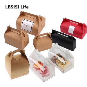 LBSISI Life 10pcs Cake Food Kraft Paper Box With Handle Boxes Christmas Birthday Wedding Party Candy Gift Packing With Sticker 210724