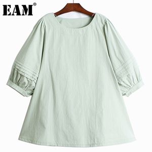 [Eam] Mulheres Verde Tamanho Grande Cor Sólida T-shirt Casual Redondo Pescoço Lanterna Manga Moda Primavera Verão 1d6848 210512