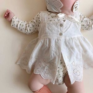 Girls Boutique Clothes Set Baby Christening Clothing Suit born Long Sleeve Cotton Rompers White Lace Dress Hat Infant Outfit 210615