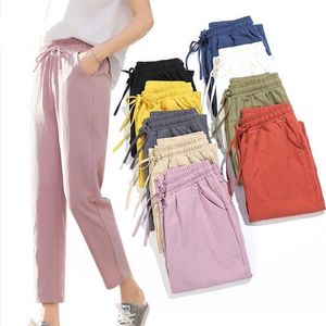 Womens Spring Summer Pants Cotton Linen Solid Elastic Waist Candy Colors Harem Trousers Soft High Quality For Female Ladys S-XXL 210522