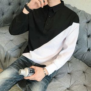 Bahar Siyah Ve Beyaz Splice Gömlek Erkekler Uzun Kollu Streetwear Gevşek Gömlek Gece Kulübü Parti Giyim Camisa Masculina 210527