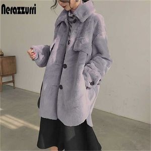 ネラZURRI特大の暖かいソフト毛皮の毛皮のコート女性長袖ボタン灰色のふわふわのジャケット冬服女性211122