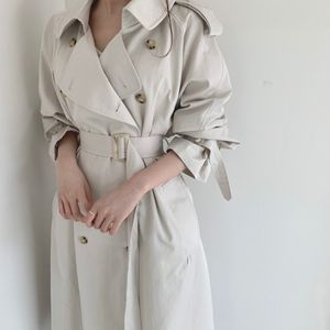 Moda Minimalist Uzun Trençkot Kadın Zarif OL Dış Giyim Suit Yaka Kemer Ile Çift Göğüslü Rüzgarlık 210421
