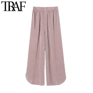 Women Chic Fashion Soft Touch Wide Leg Pants Vintage High Elastic Waist Side Vents Female Trousers Mujer 210507