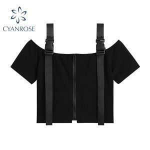 Gothic Black Off Ombro Mulheres Tees Zipper Manga Curta Straps Camiseta Verão Moda Streetwear Causal Crop Tops 210417