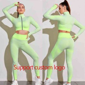 Custom Seamless Women Yoga Sets 2 st Kvinna Sport Gym Passar Wear Women Fitness Suit Långärmad Yoga Kläder 210802