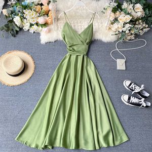 Runway Designer 2020 Women Long Dress Elegant Sexy V-neck Green/White Party Dresses Vintage High Waist A-line Dress For Female Y0603