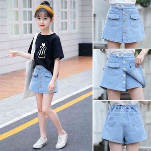 Botton Short Skirt for Kid Girls Summer Denim s Children Solid Cotton Jean s Girl Teenage with pocket 210723