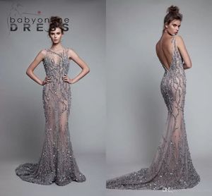 Crystal Beaded Evening Dresses Luxury Open Back Mermaid Prom Gpen Long See Through Formal Party Pageant Wears