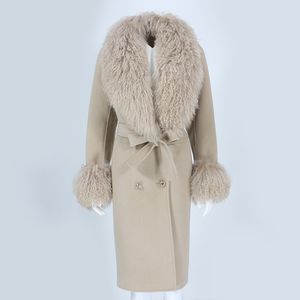 Oftbuy casaco de pele real jaqueta de inverno feminino natural mongólia gola de pele de ovelha cashmere lã mistura longo outerwear streetwear