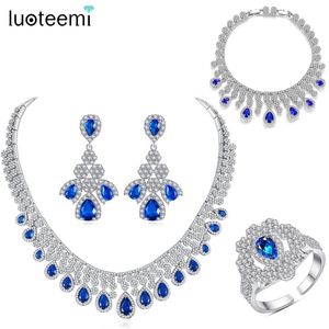 Brincos Colar Luoteemi Conjuntos de Bidal de Casamento Elegante para Mulheres Azul Vermelho Clear Paruras Verdes Bijoux Flor Shinning Cúbico Zircônia Christm