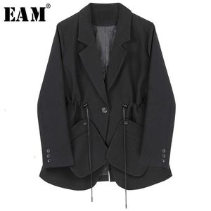 [EAM]女性黒巾着気質ブレザーラペル長袖ルースフィットジャケットファッション春秋1H792 210930