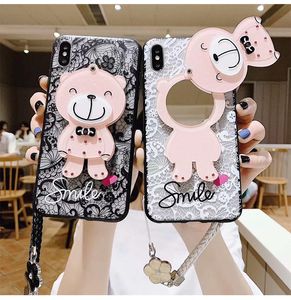 Makeup Mirror Girl Women Cartoon Flower Bear Cell Phone Fodral Iphone 12 11 Pro Max XR XS X 8 7 Plus