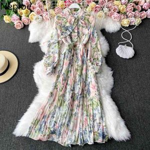 Neploe Chiffon Maxi Dresses for Women Chic Lace Up Bow Neck Floral Vestidos Mujer Slim Temperament Pleated Dress Vintage Robe 210422