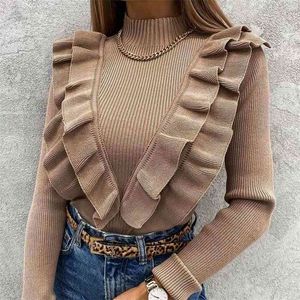 Mock Neck Ruffle's Striked Sweater Långärmad Fast kaffe Slim Elegant Office Lady Pullover Spring Fashion Top 210812