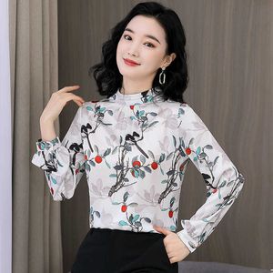 Kore İpek Bluz Kadın Saten S Shirt Uzun Kollu Üst Artı Boyutu Kadın Çiçek V Yaka Baskı 210604