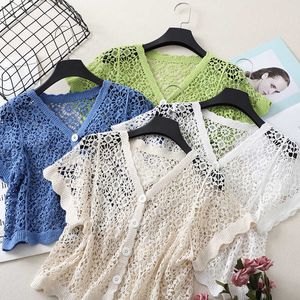 Korean Clothes Sun Proof Knitted Cardigans for Women Pearl Buckle Solid Colors Sexy Hollow Out Women's Sweaters Female 210604