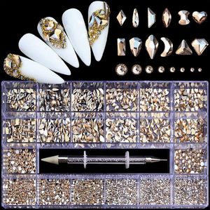 Kits de Arte Nail 1000PCS / Caixa Misturadas Diamante de Cristal de Vidro AB com 1 Pegar Pen em Grades 21 Forma e Flatback Strass Conjunto