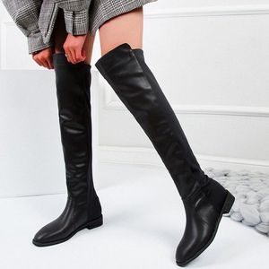 Nad kolanami Czarne Długie Kobiece Kobiet Kobiet Moda Patch Skórzany Stado Slip On Ciepłe Podszewka Med Heels Kneeth Boot