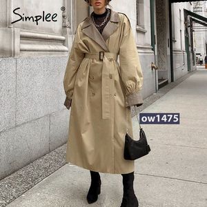 Causal light tan autumn women trench Split joint elegant sleeve Plaid long coat with belt windbreaker 210414