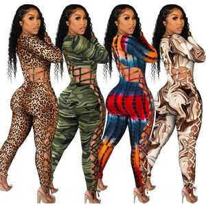 Desinger Women One Piece Jumpsuits Sexig långärmad bandage ihålig ut täta rompers byxor bodycon playuit plus storlek kläder