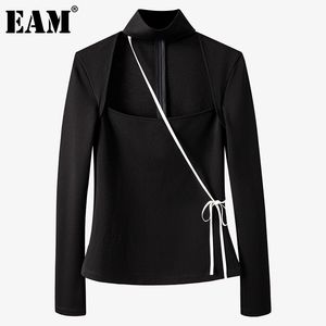 [EAM] Kobiety Czarny Hollow Out Bandaż Duży Rozmiar T-Shirt Stand Collar Długi Rękaw Moda Wiosna Jesień 1DD6355 21512