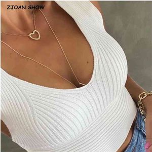 Seksowna dzianiny Półksiężyc V Neck Camis Kobiety Spaghetti Pasek Crop Top Camisetas Strappy Bra Tank Kamizelka Tee 6 Kolor 210429