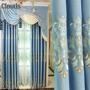 Blue European-style Embroidered Curtain Finished Custom Blackout Curtain for Living Dining Room Bedroom 210913