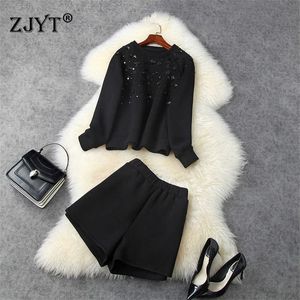 Straßenstil Mode Frauen Langarm Perle Lose Raum Baumwolle Hoodies Top Und Shorts Anzug Set Casual 2 Stück Outfit Herbst 210601