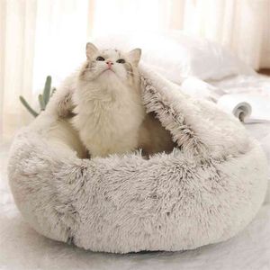 Long Plush Pet Dog Cat Bed Soft Warm Round House For Small Dogs s Nest 2 In 1 210722