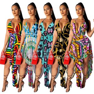 Frauen sexy Kleider V-Ausschnitt unregelmäßiges Kleid einteiliges Set Party Abend Clubkleid Mode Sommer Druck Frauen Kleidung klw6383