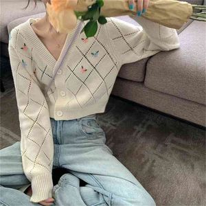 Short Style Spring College Style Flower Print Knitted Coat Loose Retro V-neck Cute Light Green Sweater Cardigan Blouse 210806