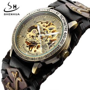 SHENHUA Retro Gothic Bronze Skeleton Automatic Mechanical Watch Men Steampunk Self Winding Clock Tourbillon Watch Reloj Hombre Q0902