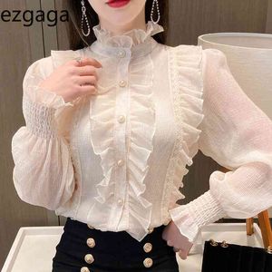 Ezgaga Elegant Blus Kvinnor Långärmad Koreansk Mode Vår Ruffled All-Match Button Loose Office Lady Shirts Casual Toppar 210430