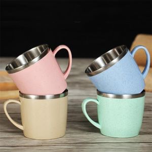 Tazza da caffè in acciaio inossidabile Tazza da tè portatile in paglia di grano Tazze da orso anti-goccia ecologiche per regalo di Natale creativo 210423